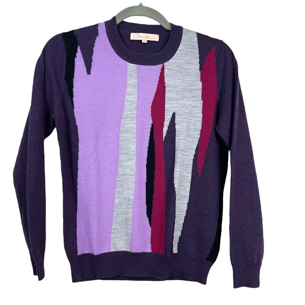Camela Sweater Womens Small Purple Merino Wool Knit Abstract Artsy Academia Crew - Picture 1 of 8